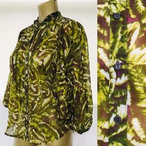 TROPICAL Print PALM LEAF Semi Sheer BLOUSE Medium